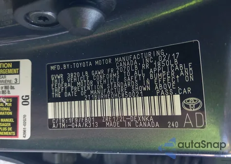 2017 Toyota Corolla Le from USA, damaged, VIN 2T1BURHE0HC850021